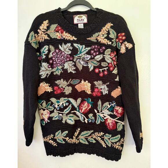 Vintage 90s Y2K Tiara Black green colorful Fruit Granny Cottage Sweater Large XL - Picture 1 of 5